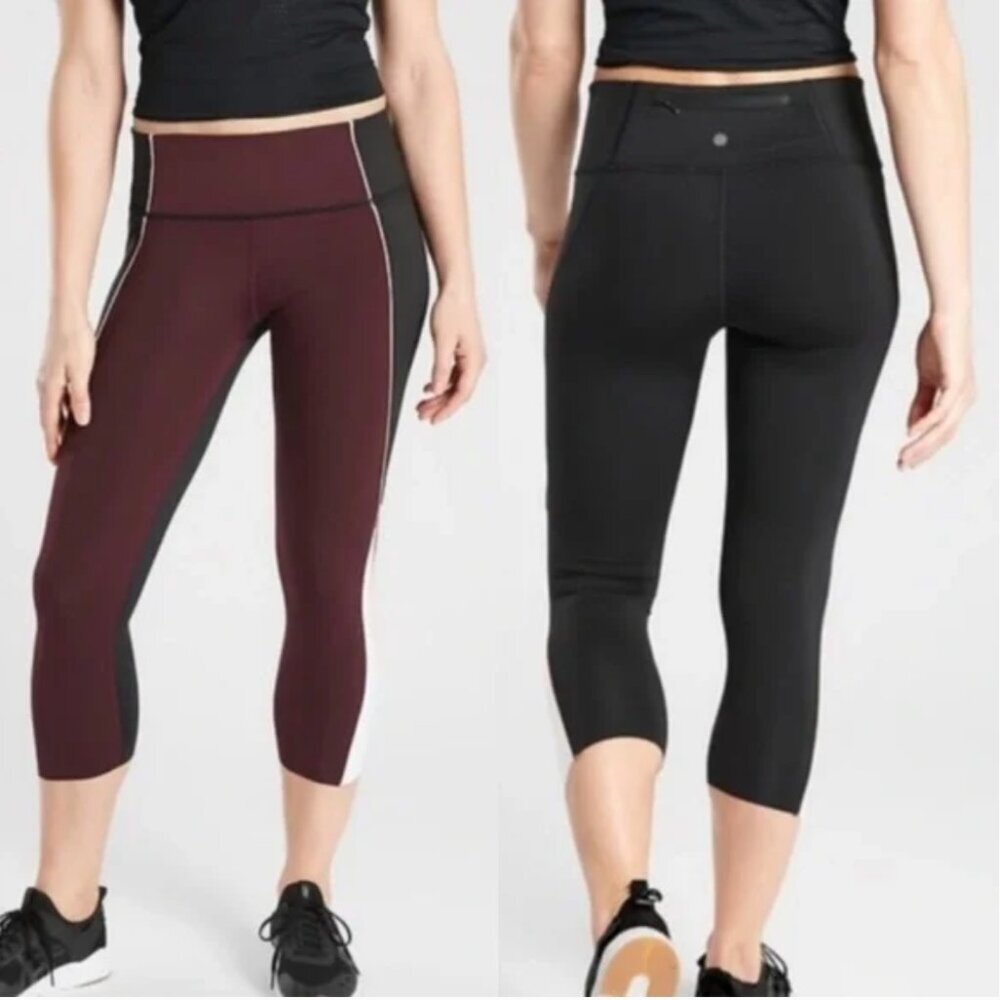 Athleta Velocity Colorblock Capri Leggings Maroon/Black - Size Medium